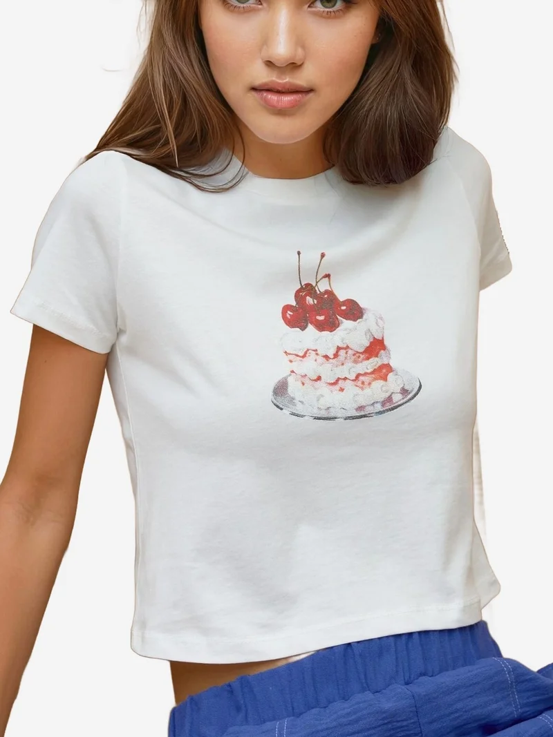 هيكاب تيشيرت قصير قطن % بقصة عادية وياقة دائرية مطبوع